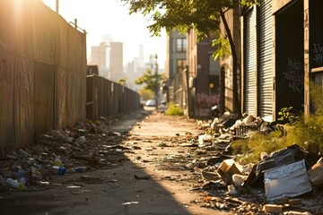 A dirty alley with garbage and trash on the ground. Generative AI.