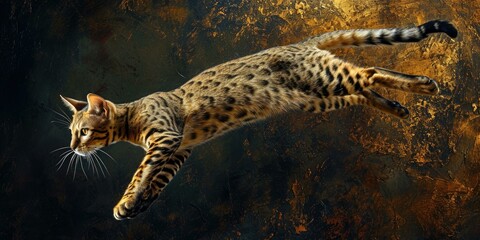A cat is jumping in the air on a dark background. Generative AI.