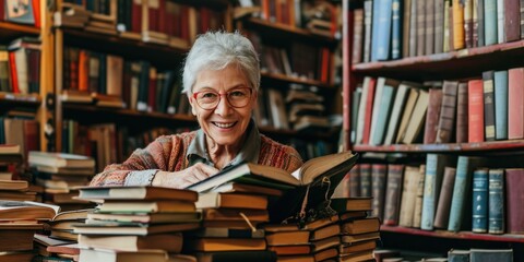 An older woman is smiling while sitting in front of a pile of books. Generative AI. - Powered by Adobe