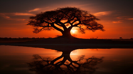 Baobab tree in silhouette against a sunset sky, with the sun's reflection in a still water body in the foreground