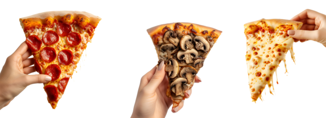 For Pizzeria Banners and Social Media: A Hand Holding a Set of Pizza Slices Including Mushroom, Four Cheese, Pepperoni, Isolated on Transparent Background, PNG