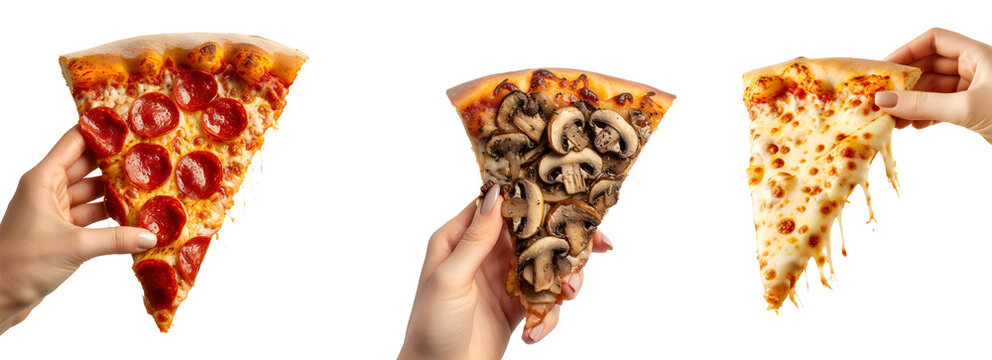For Pizzeria Banners and Social Media: A Hand Holding a Set of Pizza Slices Including Mushroom, Four Cheese, Pepperoni, Isolated on Transparent Background, PNG - Powered by Adobe