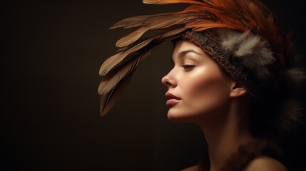 Portrait einer Frau mit braunen Federn als Kopfschmuck. Profil. Illustration vor dunklem Hintergrund - obrazy, fototapety, plakaty
