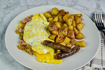 spam western omelette with home fries and sausage