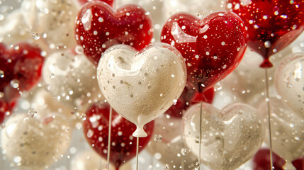 Romantic Valentines Day Concept with Heart-Shaped Balloons Flying in a Vintage Sky, Love and Celebration
