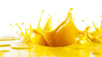 Splashing color yellow drops splash paint creamy liquid plain white background - obrazy, fototapety, plakaty