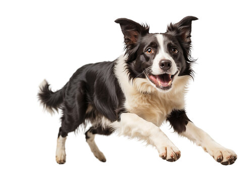 A graceful border collie leaping joyfully, solid white and transparent background. generative AI