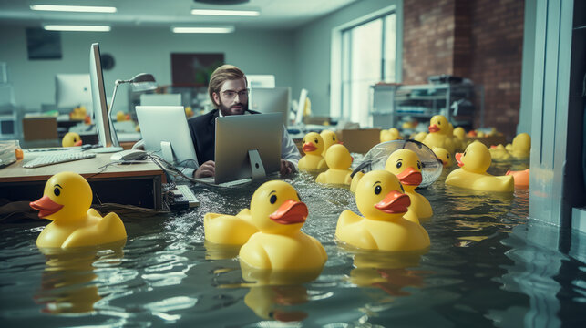 Man working on a laptop in an office flooded with water and floating rubber ducks, highlighting a chaotic situation yet suggesting humor under pressure, adaptability, and unusual problems in business.
