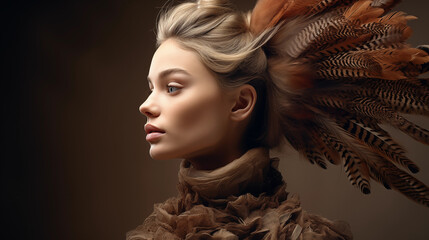 Portrait einer Frau mit braunen Federn als Haarschmuck. Profil. Illustration vor dunklem Hintergrund - obrazy, fototapety, plakaty