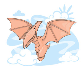Flying dinosaur, clouds, blue sky. vector clipart in cartoon style, on an isolated background.