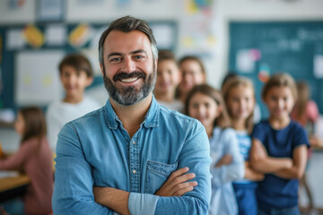 smiling teacher standing with students in classroom