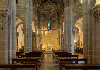 MATERA, ITALY - MARCH 7, 2022: The nave of gothic church Chiesa di San Giovanni Battista. - obrazy, fototapety, plakaty