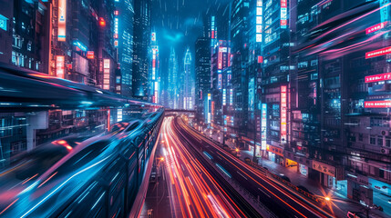 futuristic cityscape at night, illuminated by energy-efficient LED lights, with flying cars and pedestrians on moving walkways, in a harmonious blend of technology and urban life - obrazy, fototapety, plakaty
