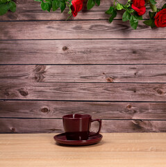 A cup of coffee on a wooden background,