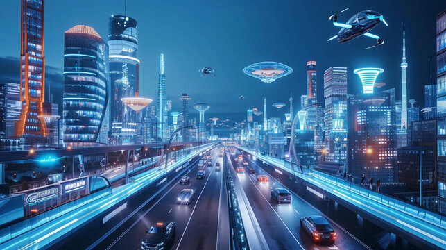 futuristic cityscape at night, illuminated by energy-efficient LED lights, with flying cars and pedestrians on moving walkways, in a harmonious blend of technology and urban life