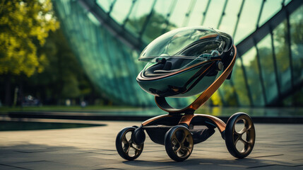 Innovative baby stroller against a modern architectural backdrop, symbolizing the convergence of design and functionality.