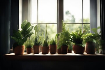 Green houseplants in brown clay pots on windowsill by window on summer day