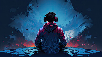 Solo gamer sitting with a contemplative gaze at an illuminated screen, enveloped by a dramatic, contrasting background.