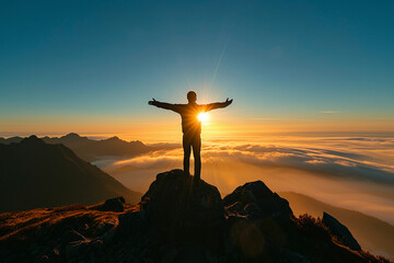 silhouette of a person standing at the top of a mountain, arms spread wide, facing a rising sun, conveying a sense of achievement and empowerment