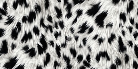 Realistic black and white long pile animal print rug or fur coat fashion background texture