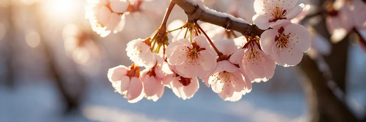Fotobehang Selective focus of beautiful branches of pink Cherry blossoms on © Sahaidachnyi Roman