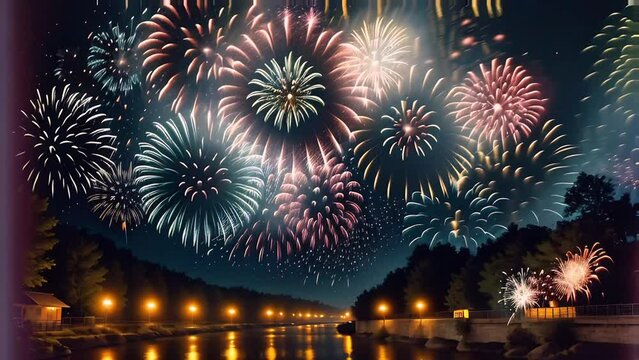 fireworks over a river
in the style of photo taken on film
