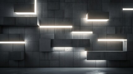 Dark concrete wall background adorned with integrated white light strips, creating a geometric tech wallpaper with illuminated, futuristic, 3D blocks. 