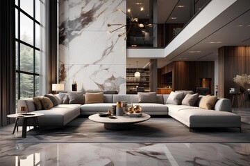 modern luxury living room inerior design in light colors with large window