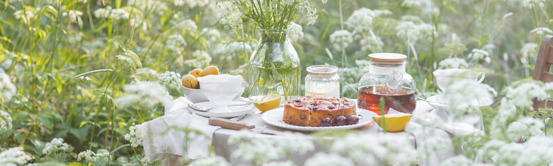 Elegant glamour table setting outdoor in the garden. White porcelain cups, teapot with herbal tea,...