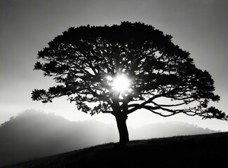 Fototapeta na wymiar Big tree on a hill. Monochrome landscape photography.