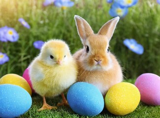 Fototapeta na wymiar Chick and Easter Bunny