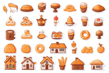Set of cute icons for bakery or bread online store or website