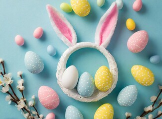 Fototapeta na wymiar Rabbit ears and Easter eggs background