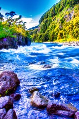 Puerto Varas, Chile - November 10 2014 : the wild petrohue river or stream with water falls,...