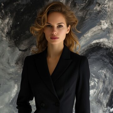 Woman in Black Suit Standing in Front of Painting