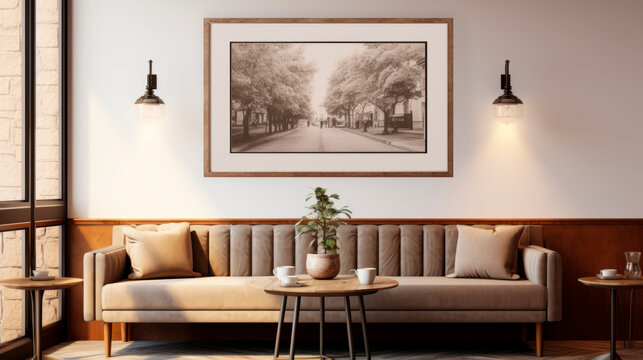 Fototapeta A tranquil café interior with a beige sofa against a wall featuring a large monochromatic photograph of a tree-lined street. The ambiance is enhanced