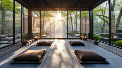Serene Japanese garden view from a traditional ryokan in Kyoto, blending nature and architecture in...