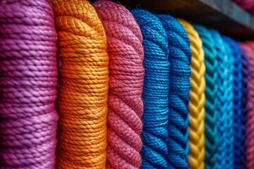 Vibrant fibers intertwine, creating a stunning tapestry of knitting, crochet, and textile in this close-up of colorful ropes