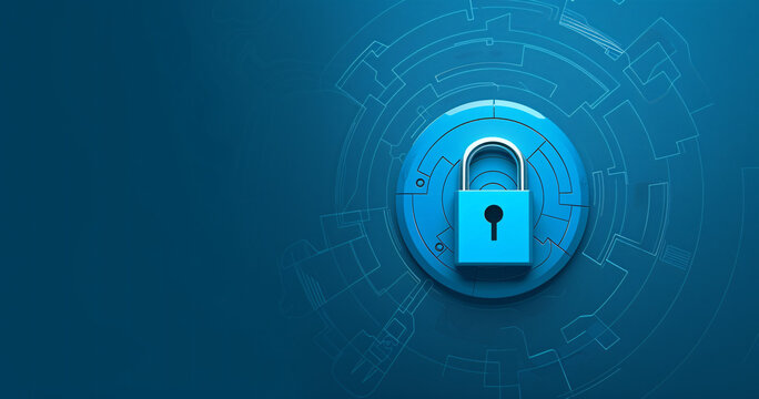 Digital Fortress: Monochromatic Blue Cyber Security Background with Central Padlock Symbol and Circuit Patterns