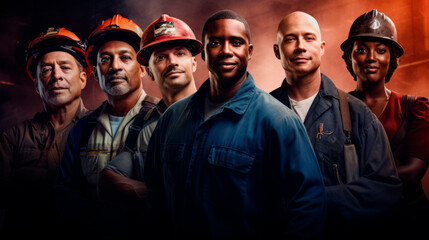 A diverse group of firefighters poses confidently, conveying strength, teamwork, and bravery, representing emergency services and community safety.