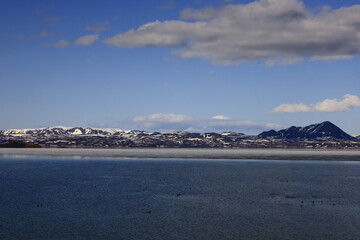Mývatn is a shallow lake situated in an area of active volcanism in the north of Iceland, near Krafla volcano