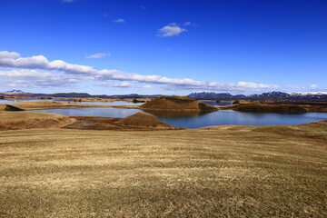 Mývatn is a shallow lake situated in an area of active volcanism in the north of Iceland, near Krafla volcano