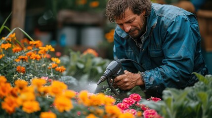 A man in blue clothes with a spray gun watering flowers in the garden
