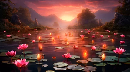 Fotobehang A serene pond with pink water lilies illuminated by the soft glow of sunset, reflecting the peacefulness and simplicity of nature’s beauty. © stateronz