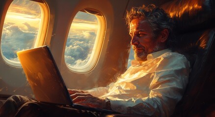 Fototapeta na wymiar A focused man sits in an airplane, typing on his laptop as he gazes out the window, while a woman nearby steals glances at his determined expression and stylish attire