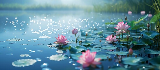 A stunning natural landscape with a cluster of pink lotus flowers gracefully adorning the surface of the tranquil water. - obrazy, fototapety, plakaty