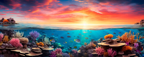 A mesmerizing sunset over a vibrant coral reef, showcasing the stunning interplay between ocean life and the day's end, evoking themes of natural harmony and the cycle of day to night.