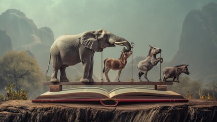 fantasy scene where elephants and donkeys are balancing on a seesaw placed over a book of laws, highlighting the delicate balance of power and legal principles