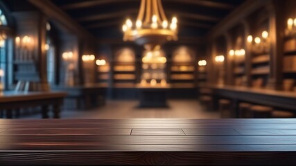 Empty wooden table top with blur background of pub. Generated with AI
