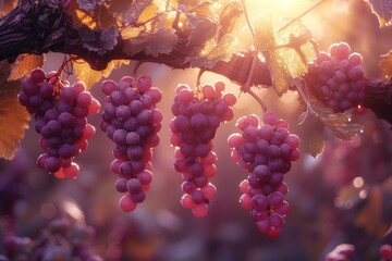 A plump cluster of juicy, seedless grapes hang gracefully on a vine, basking in the crisp autumn air, a tempting treat for both the palate and the eye - obrazy, fototapety, plakaty